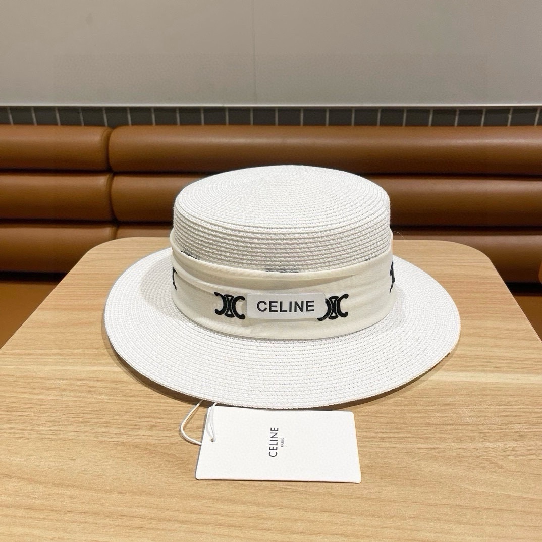 【CELINE赛琳】Sombrero de copa plana de paja de estilo fedora 2024, imprescindible para salir, combina muy bien, ¡cómpralo …