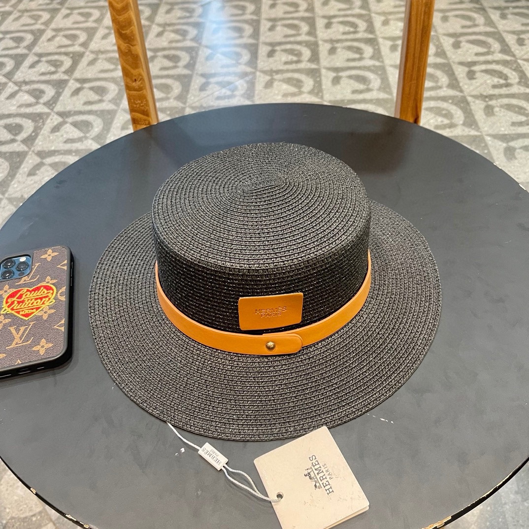 Sombrero de paja nuevo de Hermès con cinta, sombrero de copa plana, circunferencia de cabeza 57cm