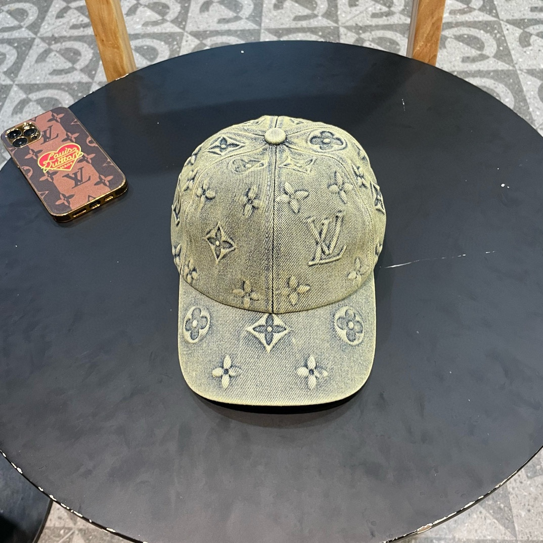 Gorra de béisbol LV (Louis Vuitton) de imitación original, mezclilla lavada, hecha a medida con el mismo molde que la t…