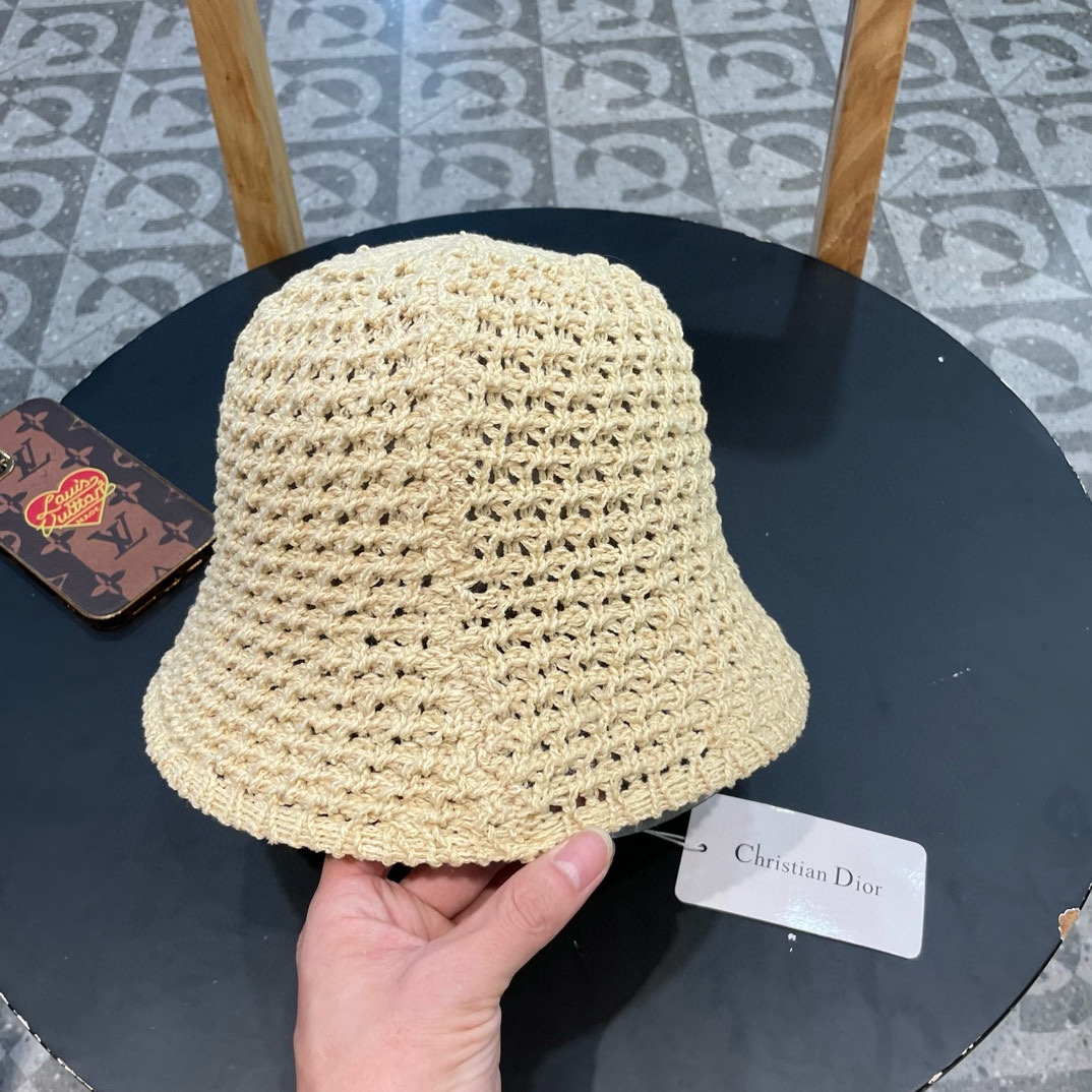  Dior夏季编织透气渔夫帽子女薄款遮阳草帽水桶帽日系显脸小遮脸太阳帽