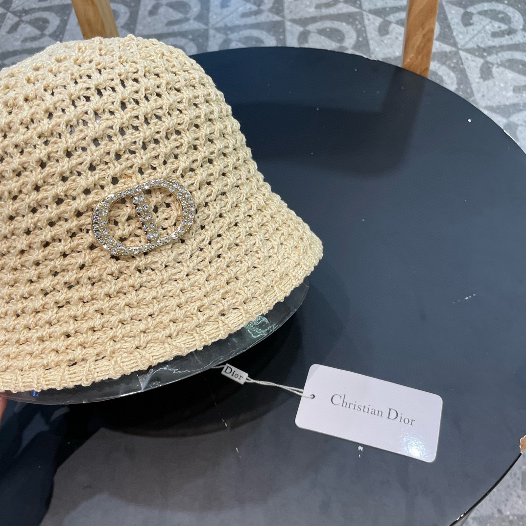  Dior夏季编织透气渔夫帽子女薄款遮阳草帽水桶帽日系显脸小遮脸太阳帽
