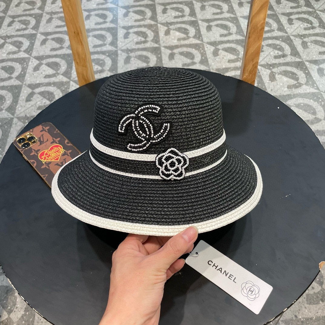 Sombrero de pescador Chanel para mujer, 2024 nueva colección, tejido de paja con flor de camelia, primavera y verano, e…