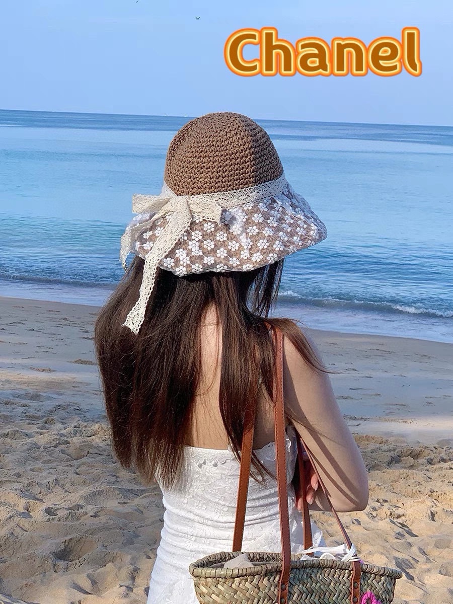Chanel sombrero de playa para mujer, verano, protección solar, sombrero de paja, estilo Hepburn, encaje, playa, vacacio…