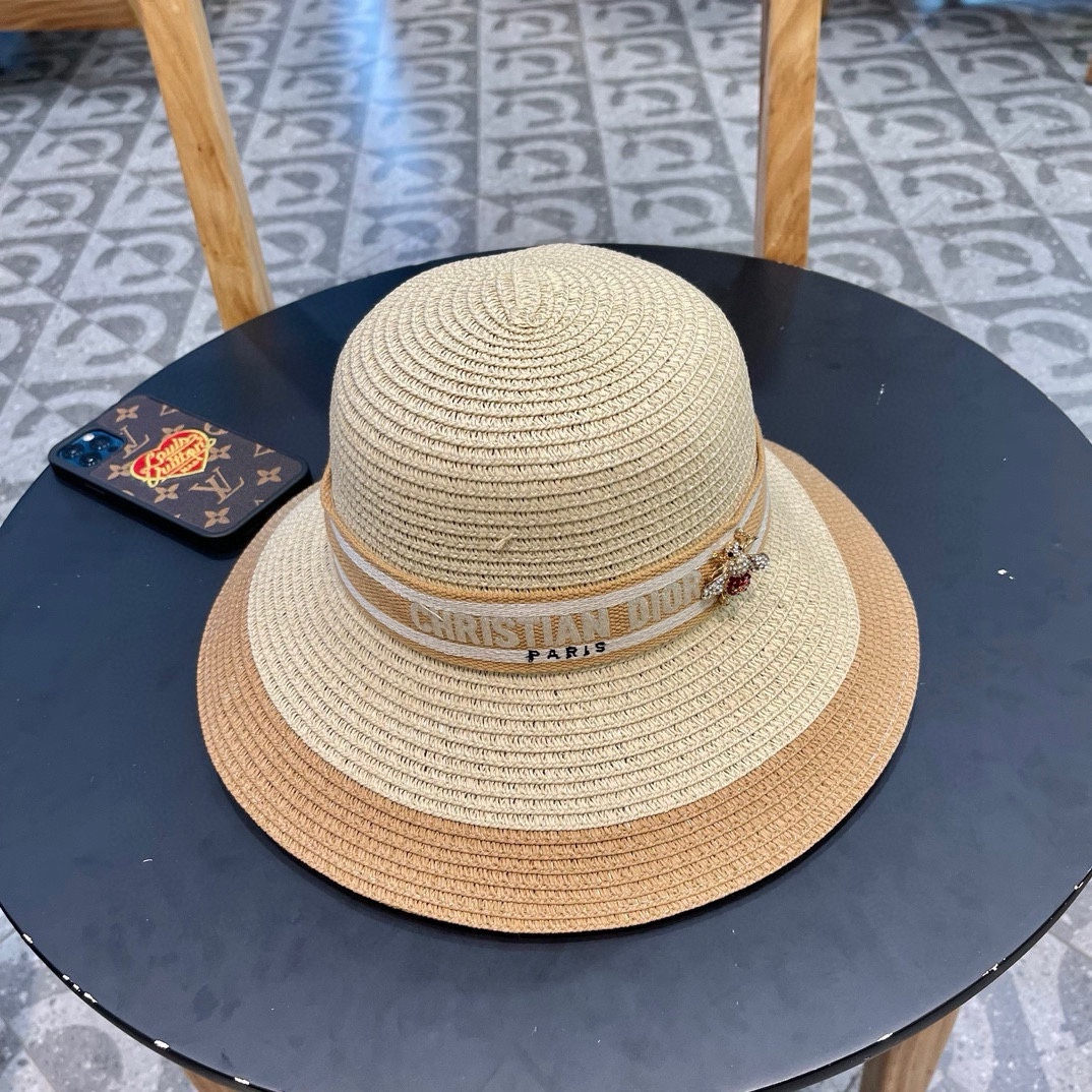 Dior 迪奥 2024 nuevo sombrero de paja de verano, diseño de colores combinados, circunferencia de cabeza 57cm