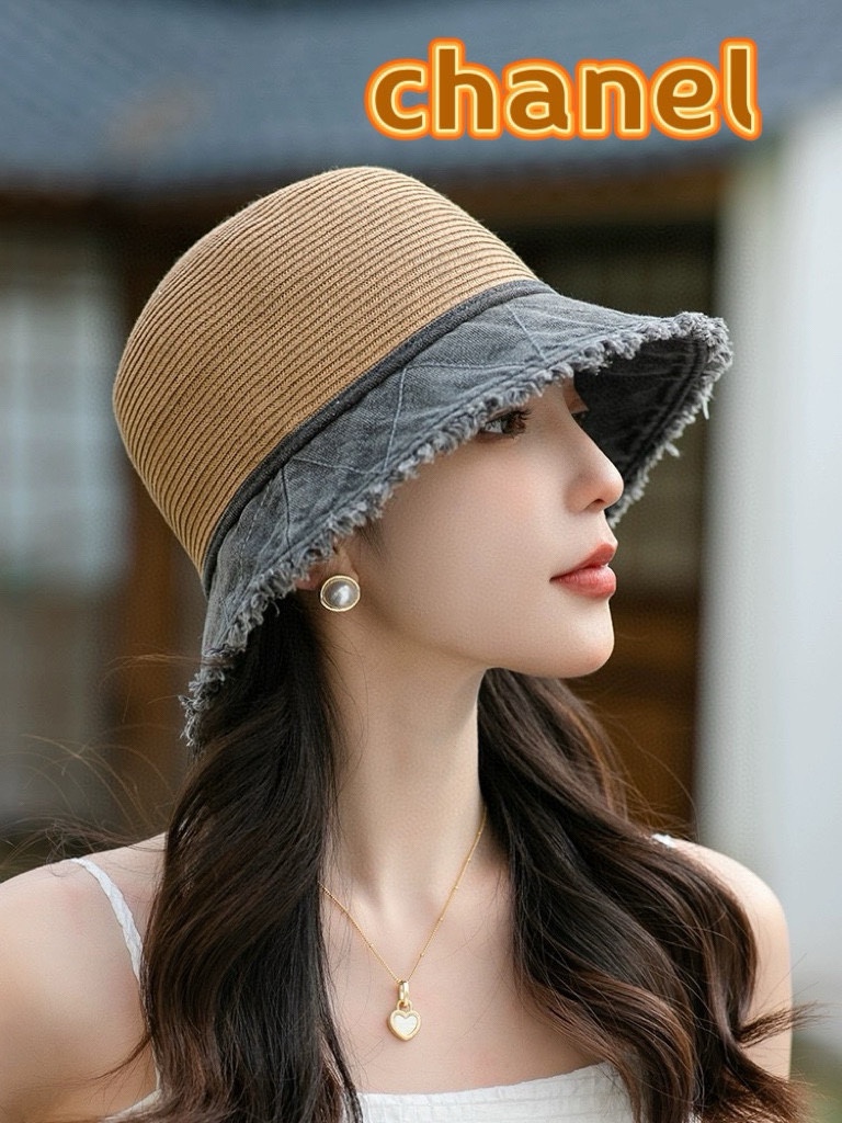 Chanel Sombrero de pescador de paja tejida combinado con vaquero para mujer, nuevo verano 2024, ala de borde deshilacha…