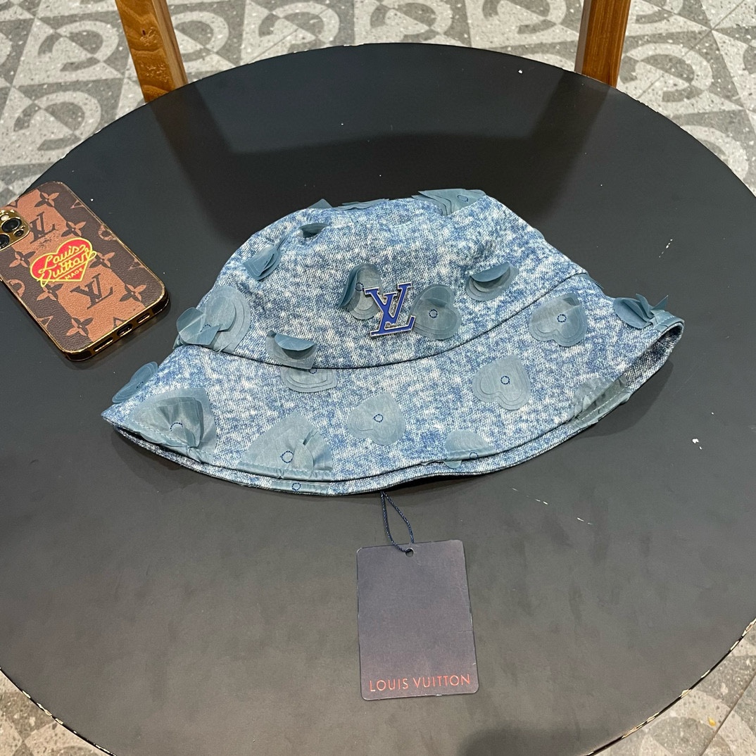 LV Louis Vuitton sombrero de pescador vaquero de corazón de lujo para mujer, verano versátil, sombrero de cuenco que ha…
