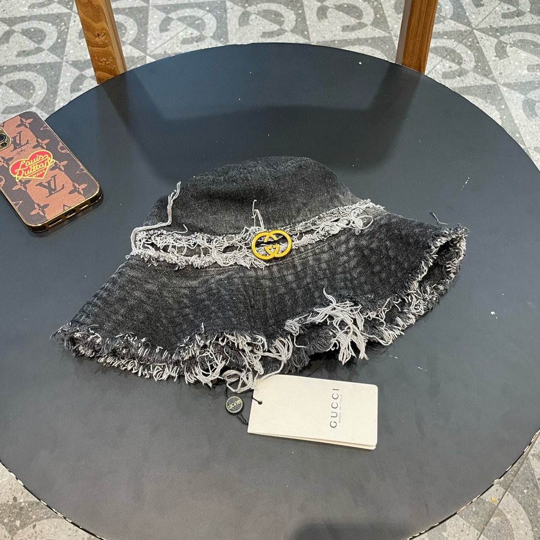 Sombrero bucket de Gucci para primavera/verano, versátil, vaquero lavado con flecos, para mujer, estilo japonés, protec…