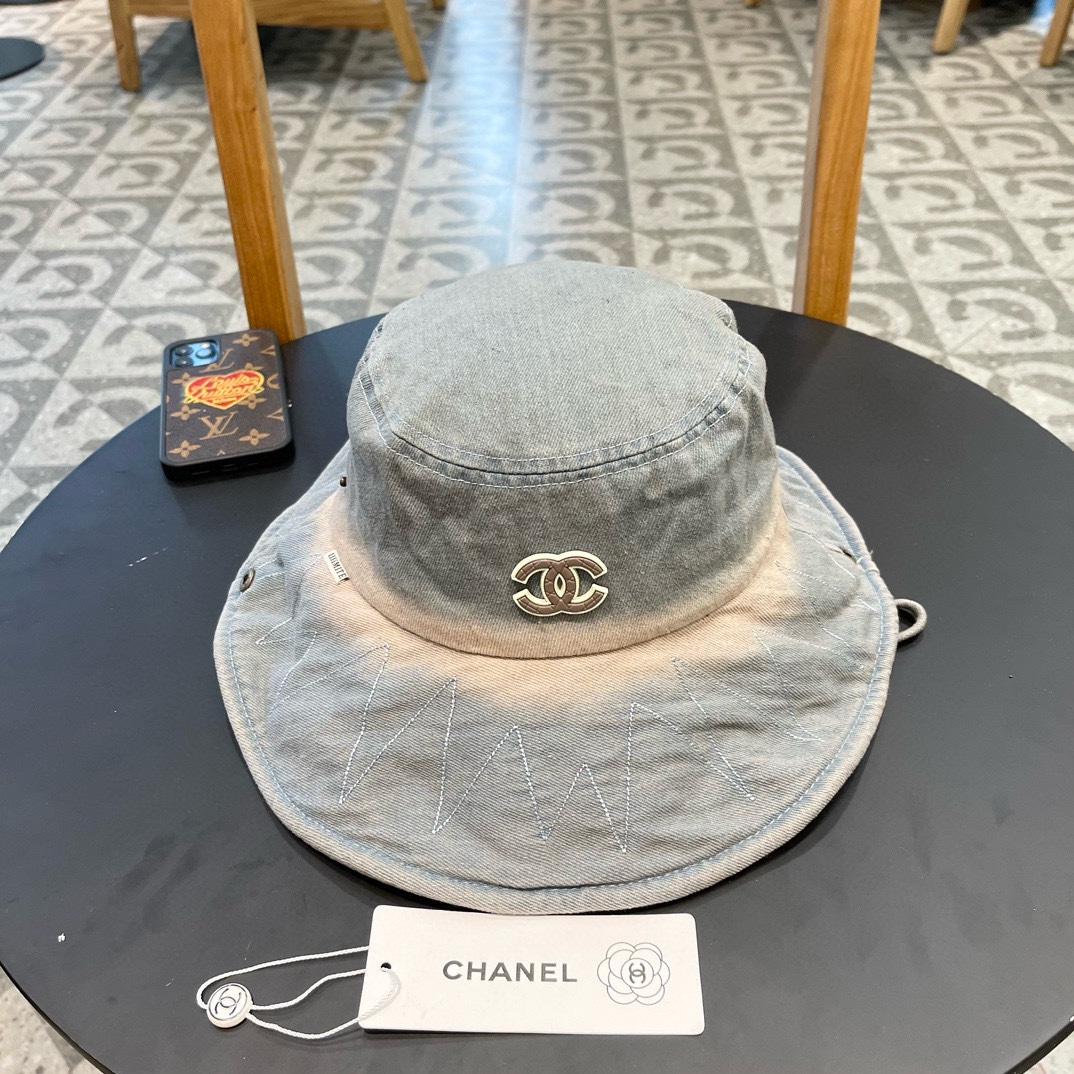 Chanel sombrero de pescador de mezclilla teñido y lavado a la antigua, para mujer, primavera/verano, versátil, para sen…