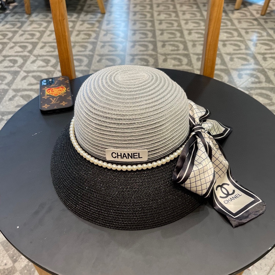 Chanel 名媛风草帽，进口PP草，搭配欧根纱蝴蝶结，头围57cm