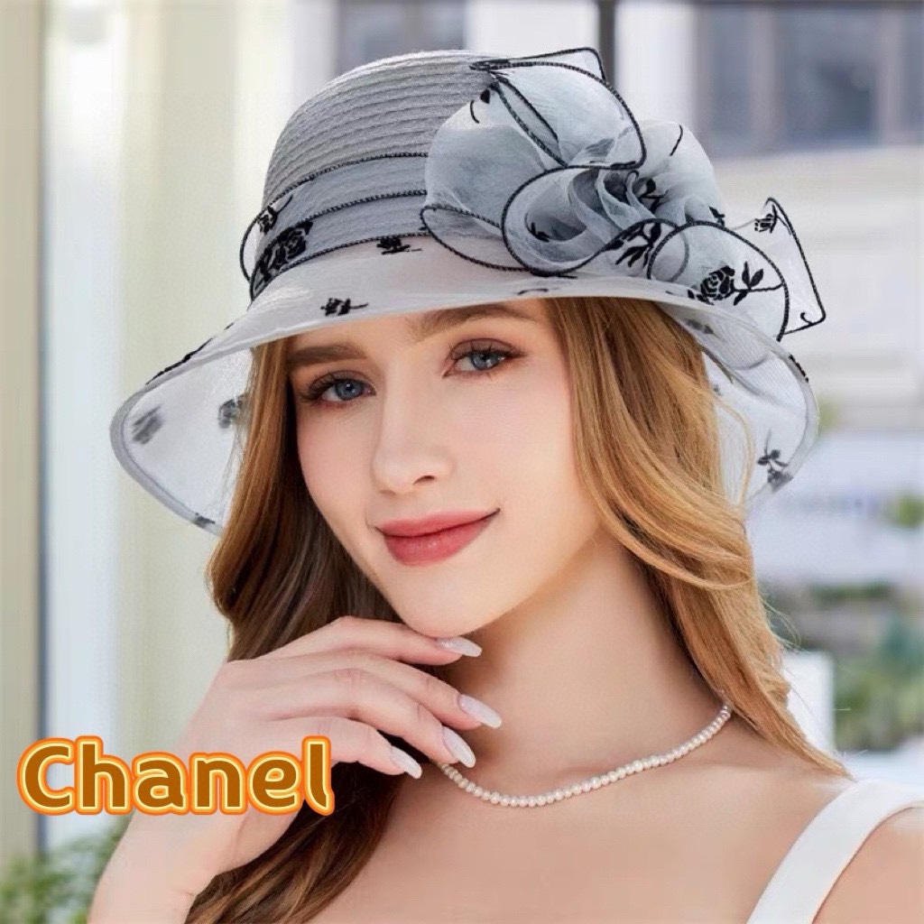 Chanel 欧美夏季女士网纱花朵盆帽时尚优雅防晒遮阳帽户外防紫外线太阳帽