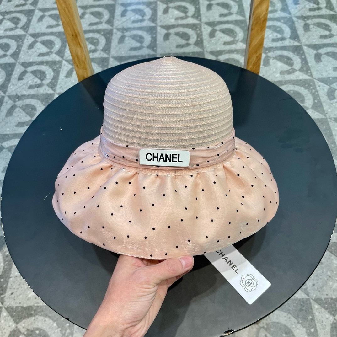   香奈儿Chanel盆帽欧根纱圆点蝴蝶结太阳帽时尚百搭防晒帽厂家批发 