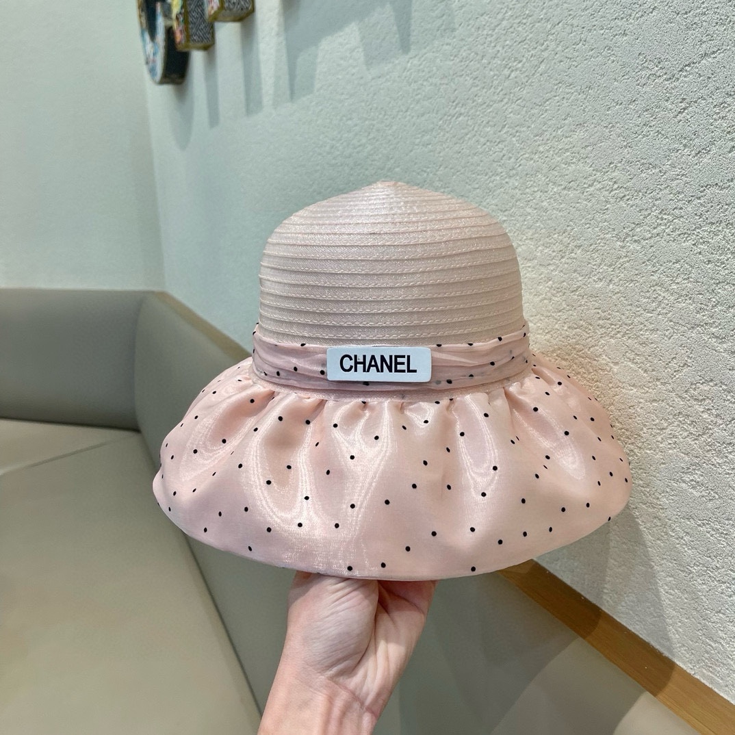   香奈儿Chanel盆帽欧根纱圆点蝴蝶结太阳帽时尚百搭防晒帽厂家批发 