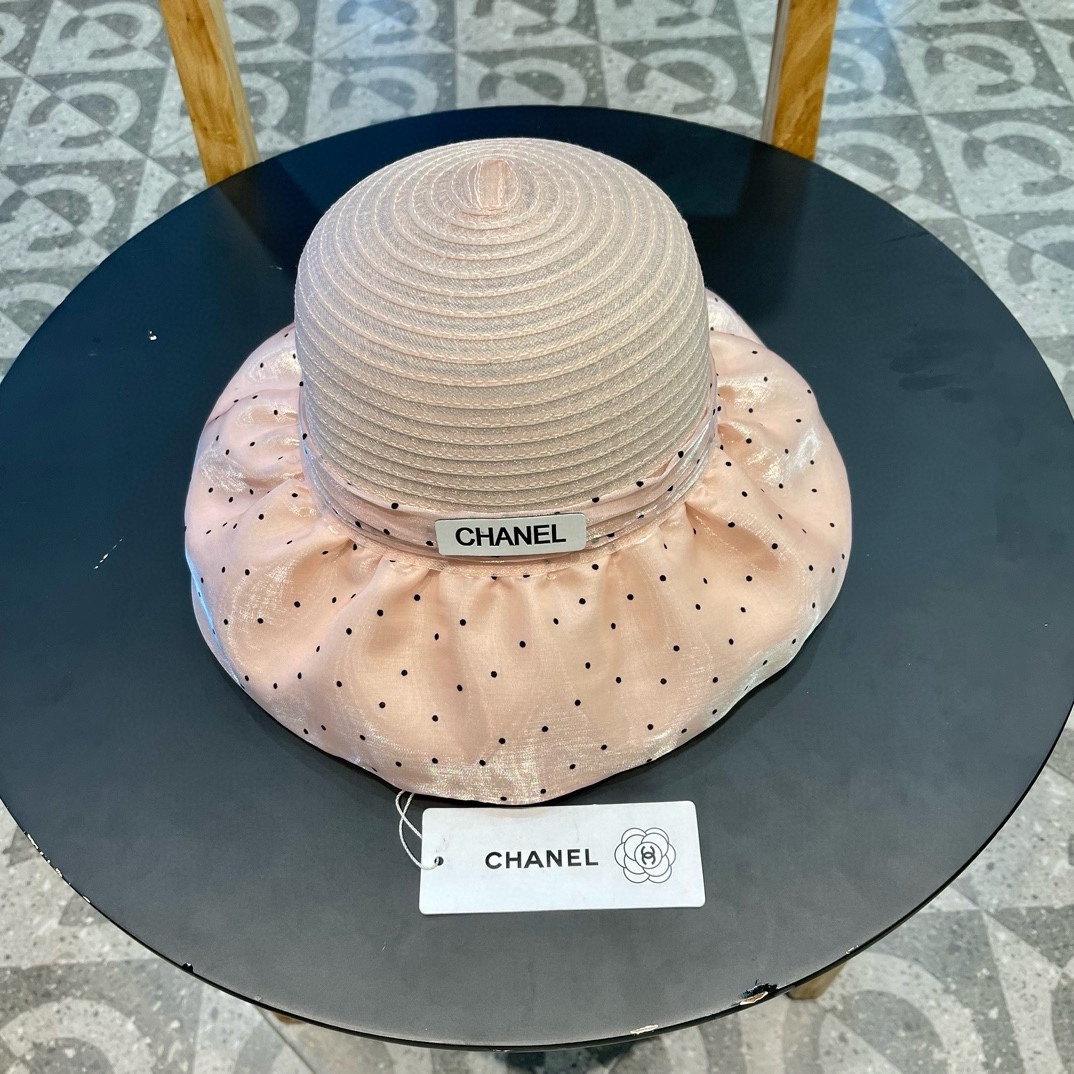   香奈儿Chanel盆帽欧根纱圆点蝴蝶结太阳帽时尚百搭防晒帽厂家批发 