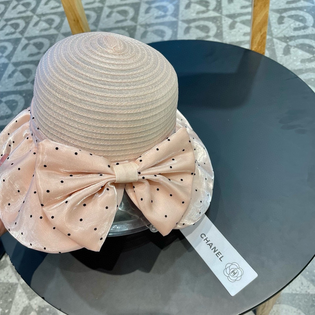   香奈儿Chanel盆帽欧根纱圆点蝴蝶结太阳帽时尚百搭防晒帽厂家批发 