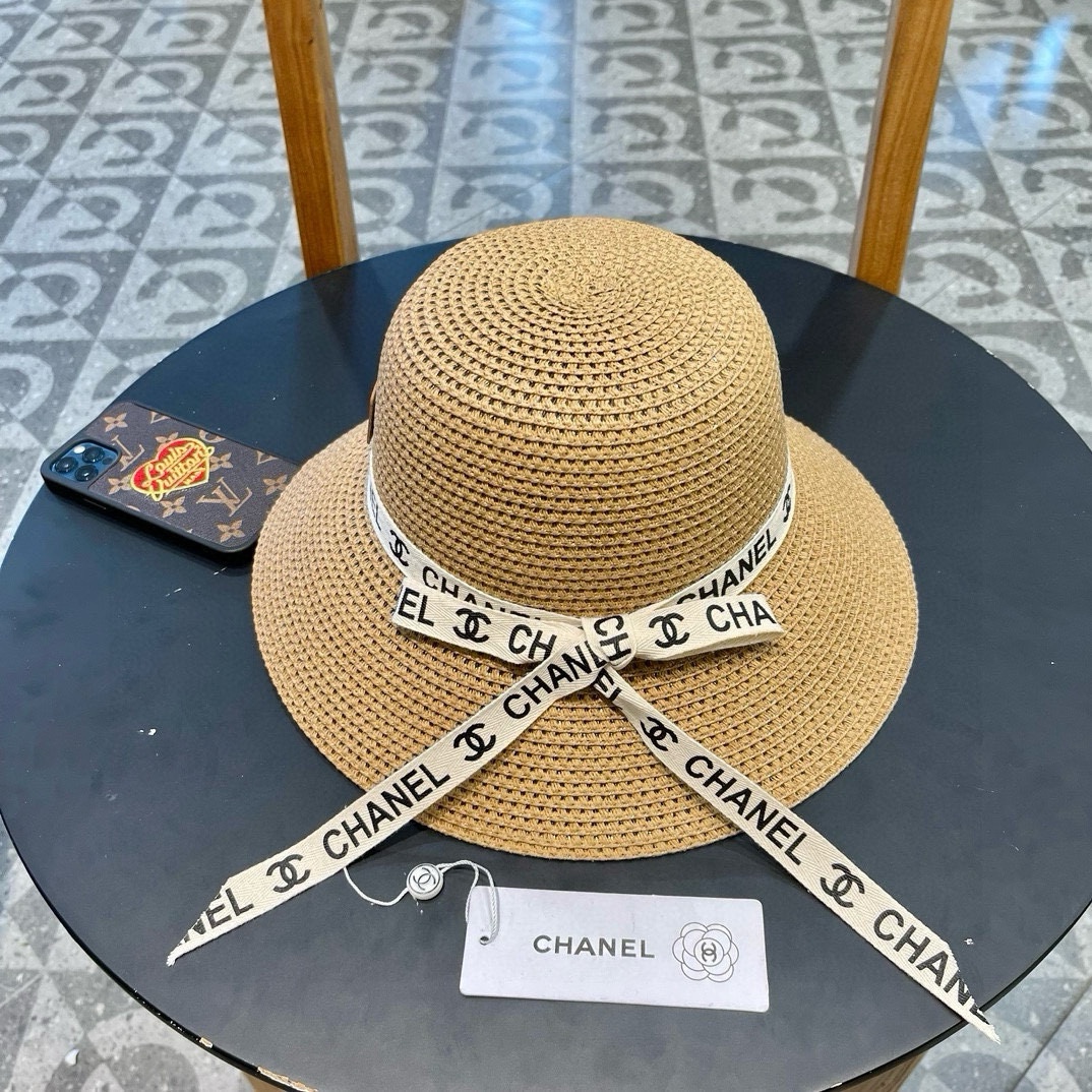 Sombrero de paja Chanel, sombrero de protección solar, circunferencia de cabeza 57