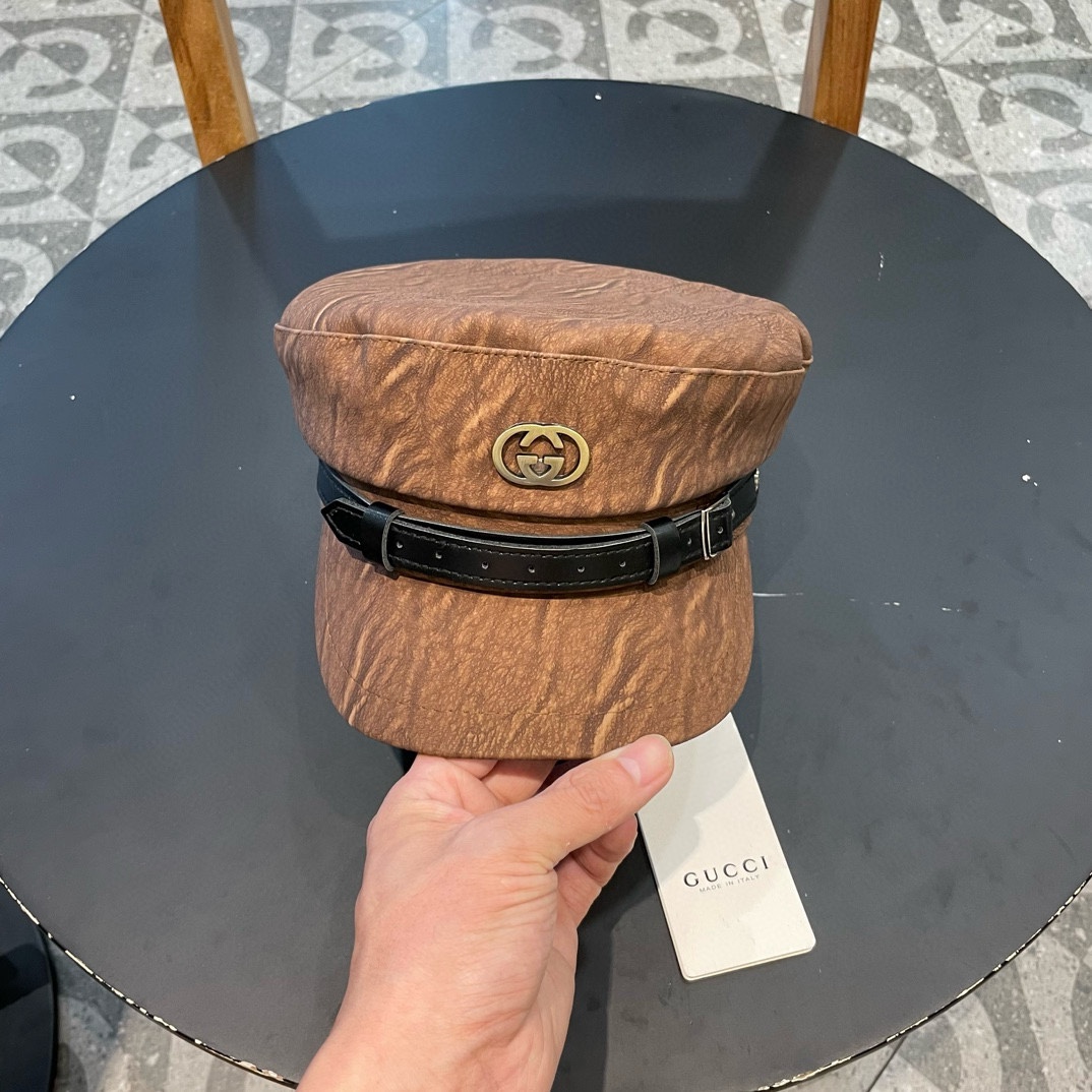 Gorra marinera moderna de Gucci 2024, estilo coreano que afina la cara, gorra plana de otoño e invierno, ala de cuero r…