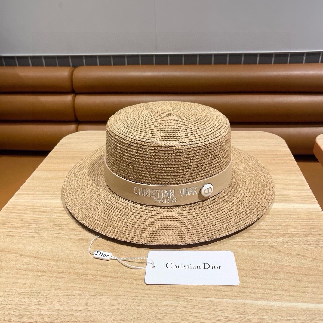 Nuevo sombrero de paja de Dior, sombrero de copa plana, logo de cinta bordada