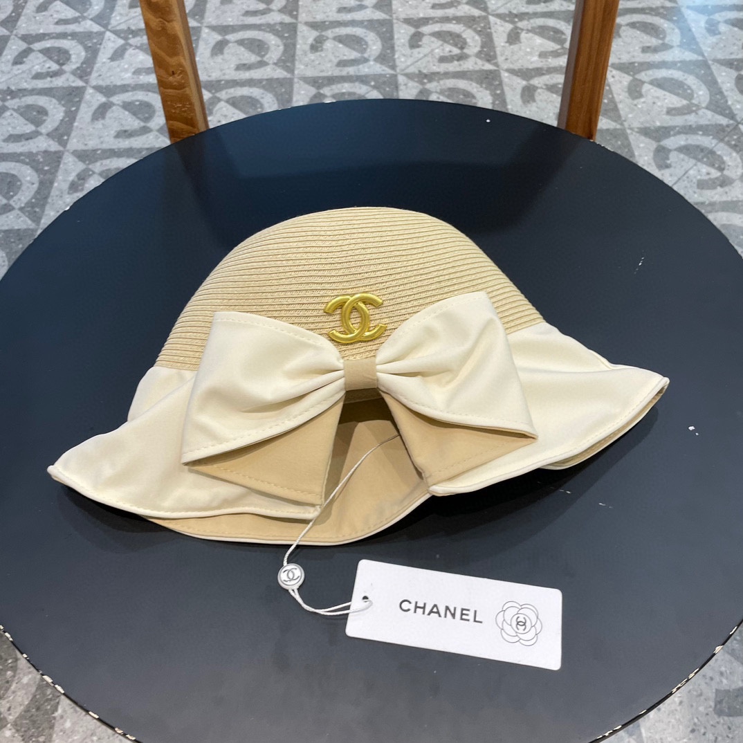 Chanel 香奈儿 sombrero de pescador elegante con lazo de mariposa, sombrero de paja para mujer, protección solar, para vera…