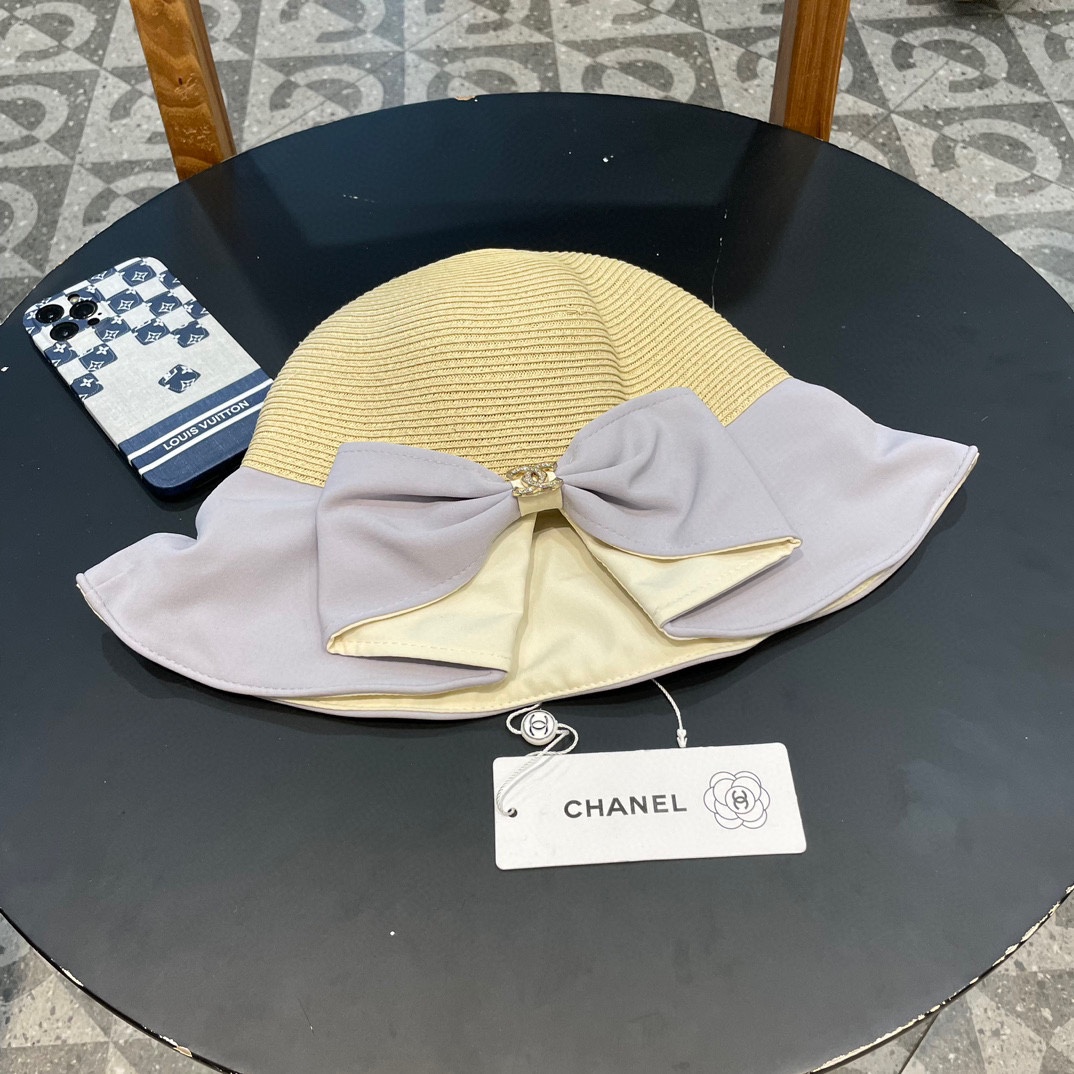 Chanel 2024 nuevo sombrero de pescador con lazo, para mujer, verano, protección solar, estilo playero, se puede recoger…