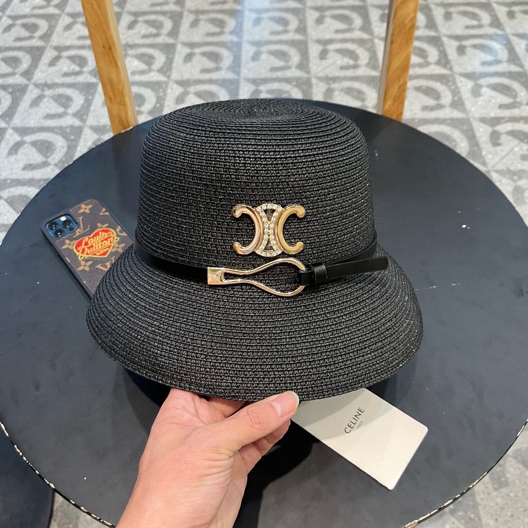 Sombrero de paja de copa redonda minimalista nuevo 2024 de Celine, imprescindible para vacaciones y ocio, elegante y ge…