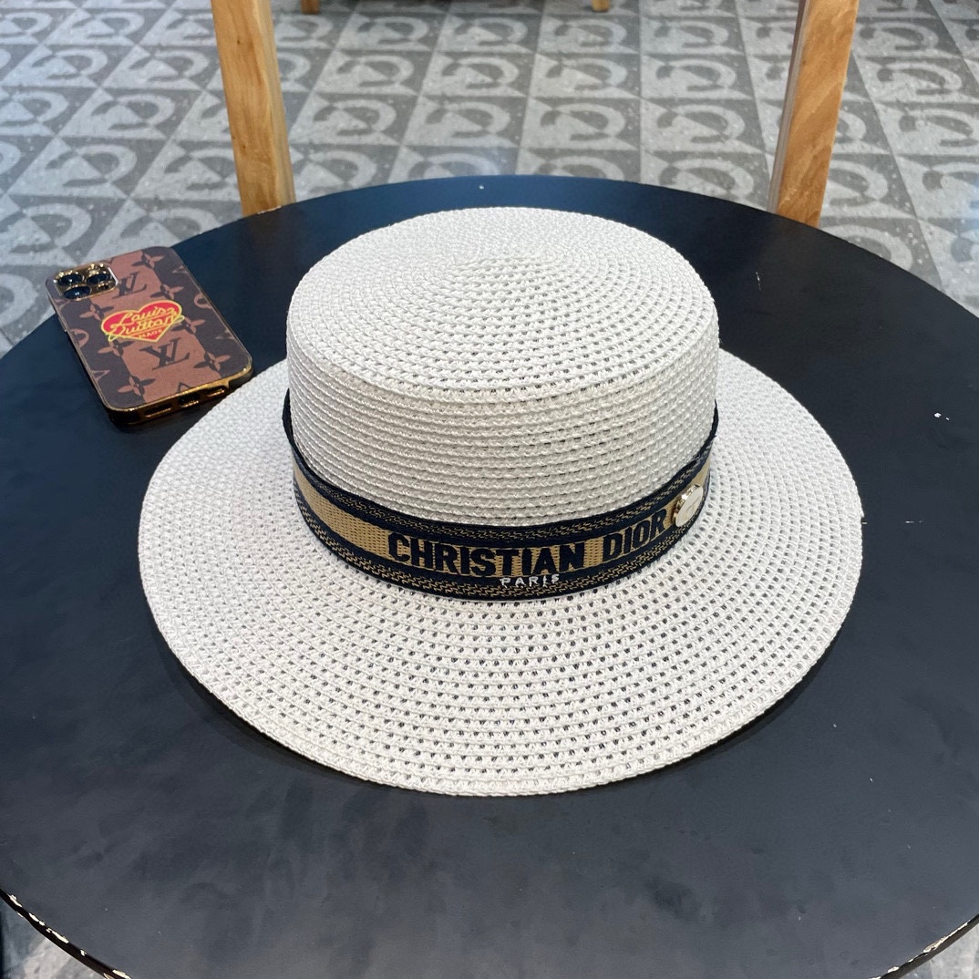 Sombrero de paja Dior, sombrero de ala con calados, modelo oficial, réplica 1:1, letras en relieve, no la versión común…