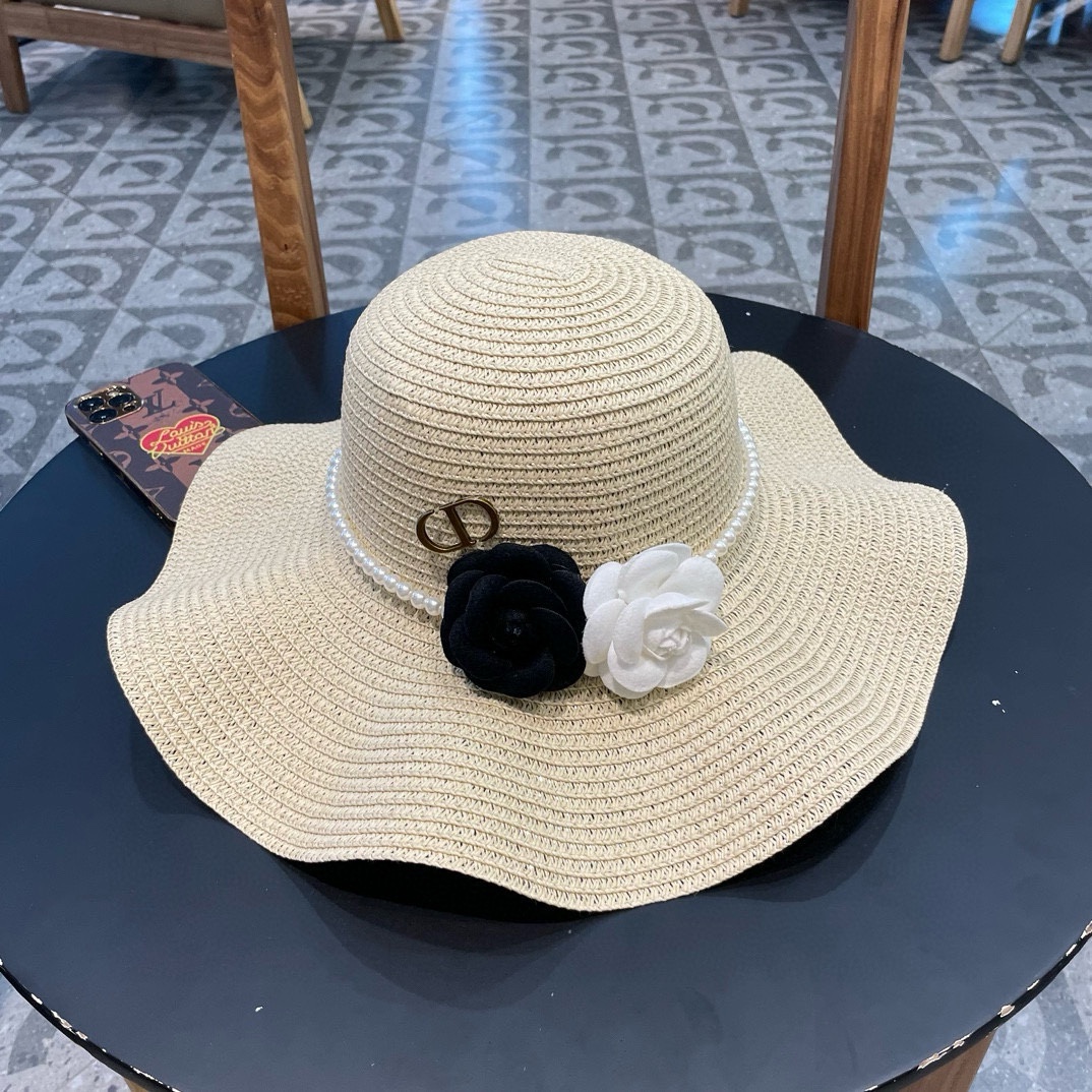 【DIOR Dior】Sombrero de paja nuevo 2024 con ala ancha y colores combinados, imprescindible para vacaciones y ocio, elega…