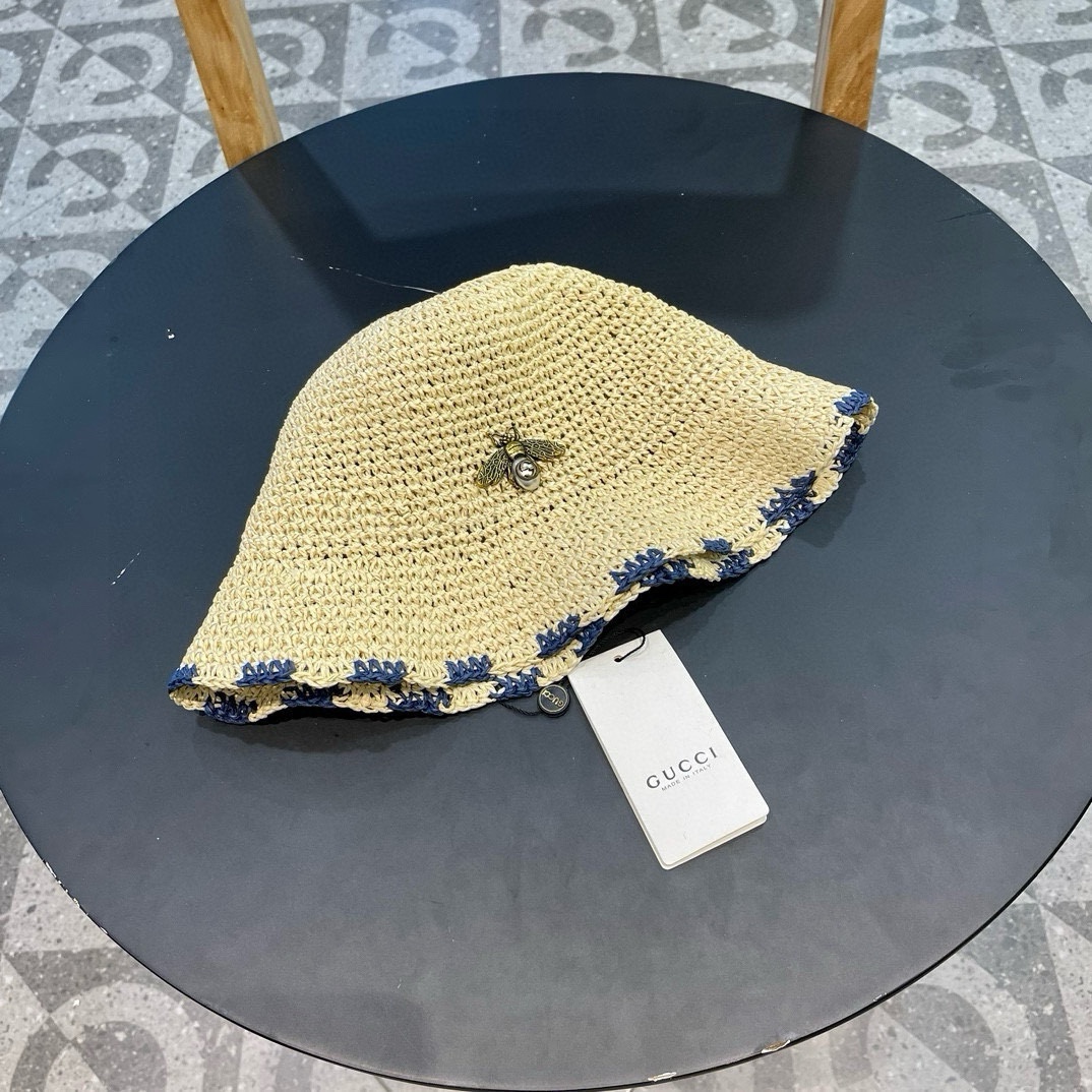 GUCCI sombrero de paja tejido fresco para mujer, borde deshilachado, versátil, sombrero para el sol, plegable para play…