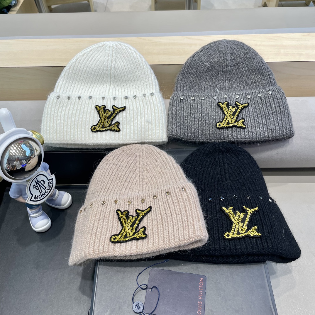 Gorra de punto de lana con dijes de cristal y perlas de conejo de LV Louis Vuitton, gorro de invierno abrigado, gorro d…
