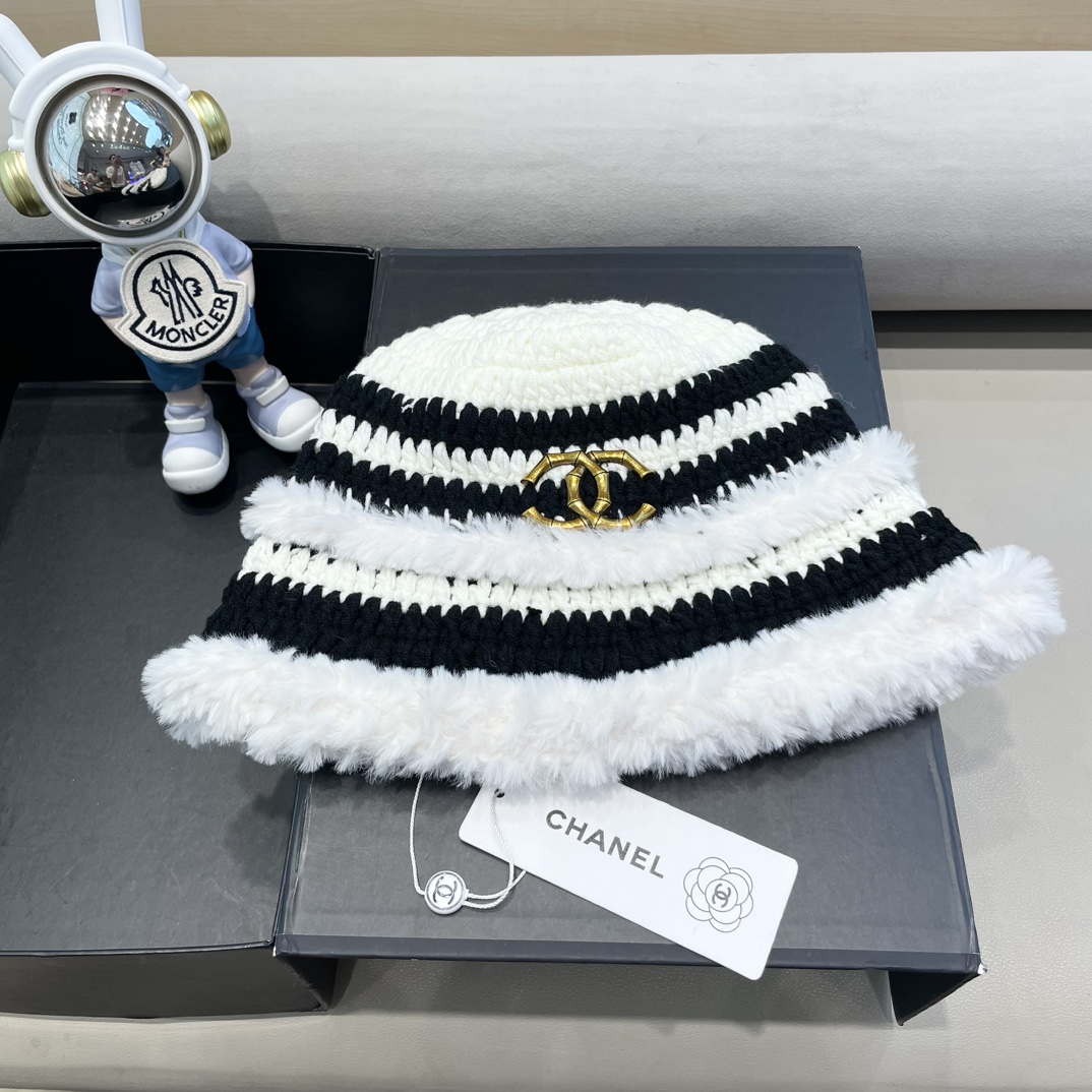 Chanel香奈儿帽子女秋冬新款拼接毛绒盆帽保暖百搭时尚渔夫帽网红显脸小针织帽