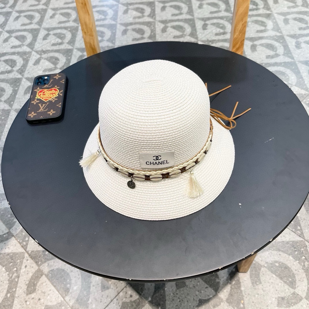 Sombrero de paja de ala ancha de Chanel, estilo étnico para damas, sombrero de playa de estilo jazz para vacaciones en …