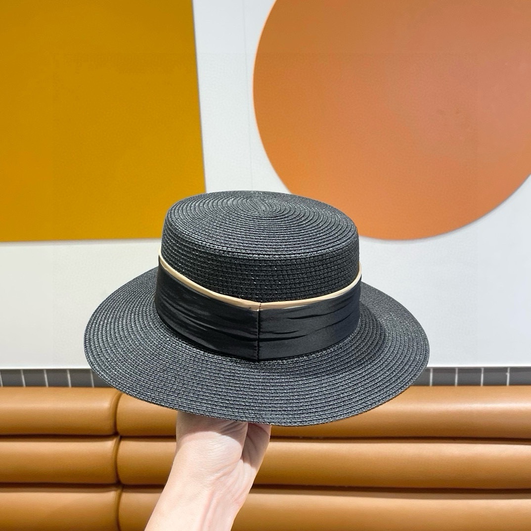 Sombrero de paja de Chanel, sombrero de sol, sombrero de playa de ala ancha y copa plana, circunferencia de cabeza 57