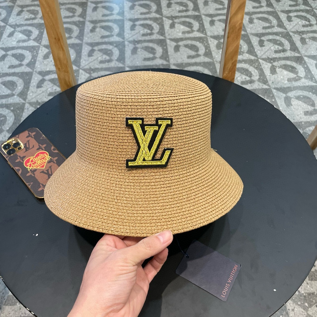 【LV Louis Vuitton】Sombrero de paja de cubo plano con borde tejido de cuero nuevo 2024, imprescindible para salir, fácil…