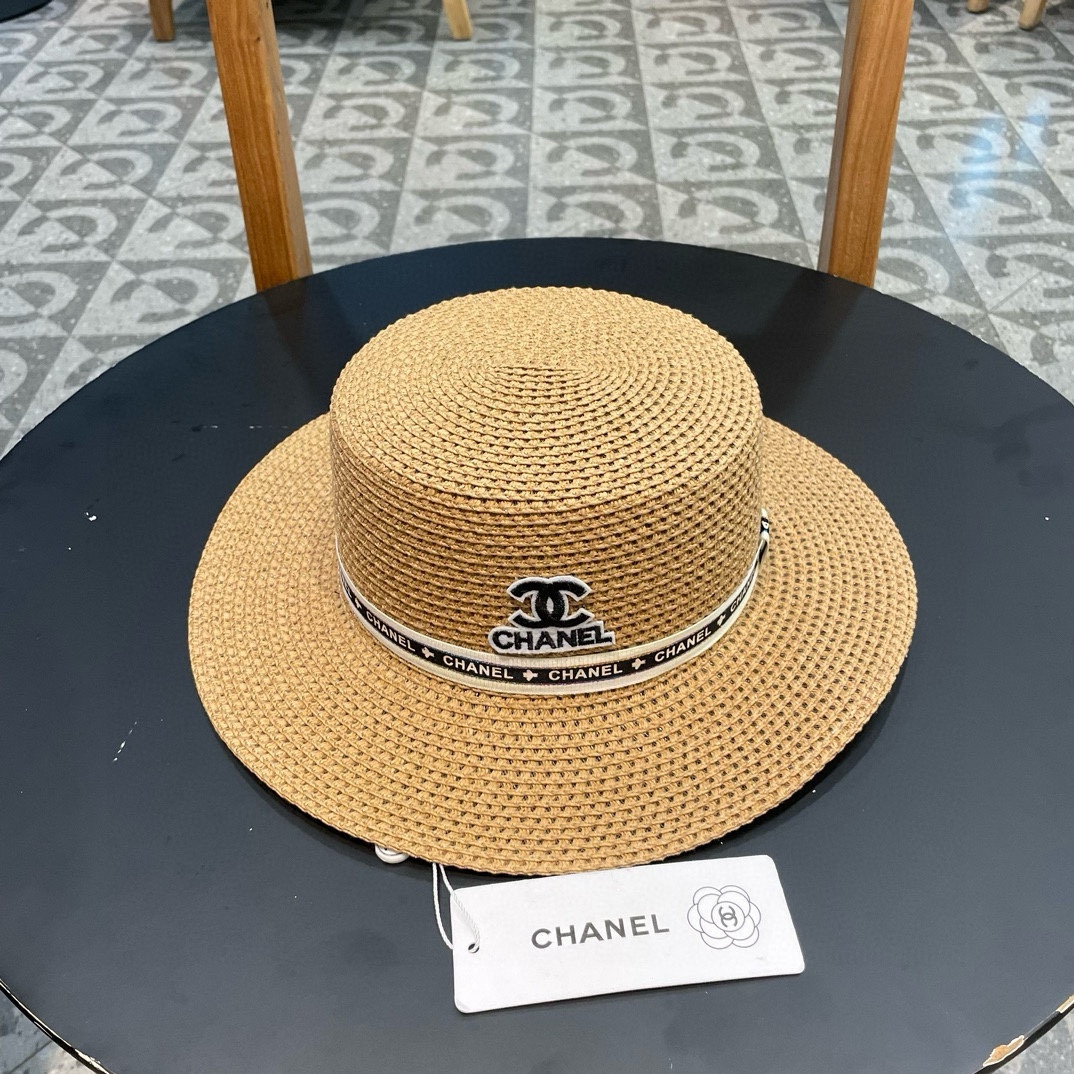 Sombrero de paja de ala ancha de Chanel, estilo señorita, sombrero de copa plana, circunferencia de cabeza 57 cm