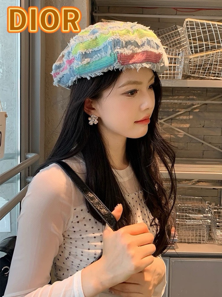 DIOR迪奥水洗磨边破洞做旧牛仔贝雷帽女百搭复古时尚显脸小八角帽子潮