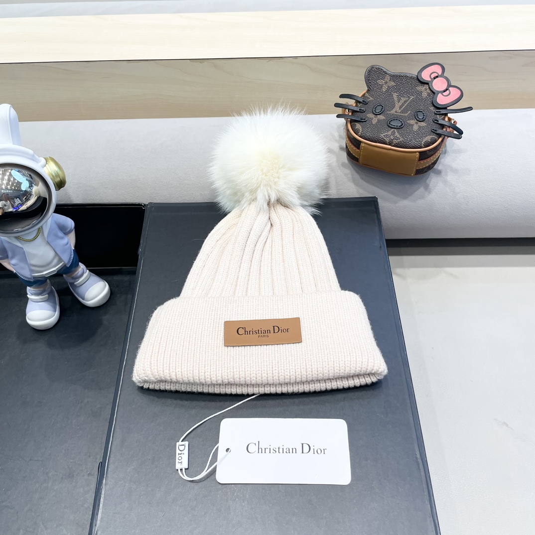 Dior knit hat for women autumn/winter real fox fur pom pom wool hat, cold-proof, thickened, warm, ear-protecting, Korea…