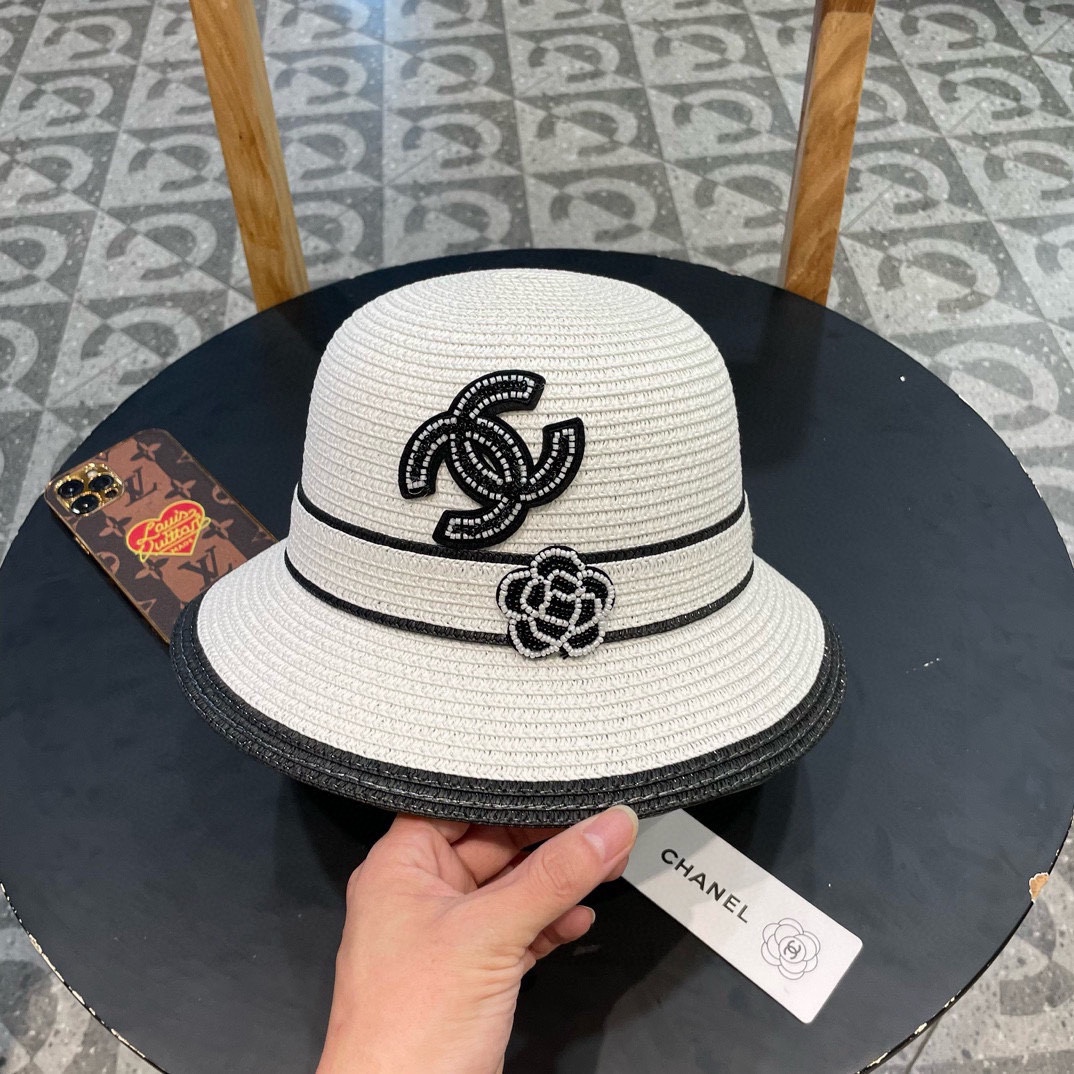 香奈儿Chanel帽子女款2025新款草编山茶花渔夫帽春夏季日系优雅防晒遮阳帽草帽