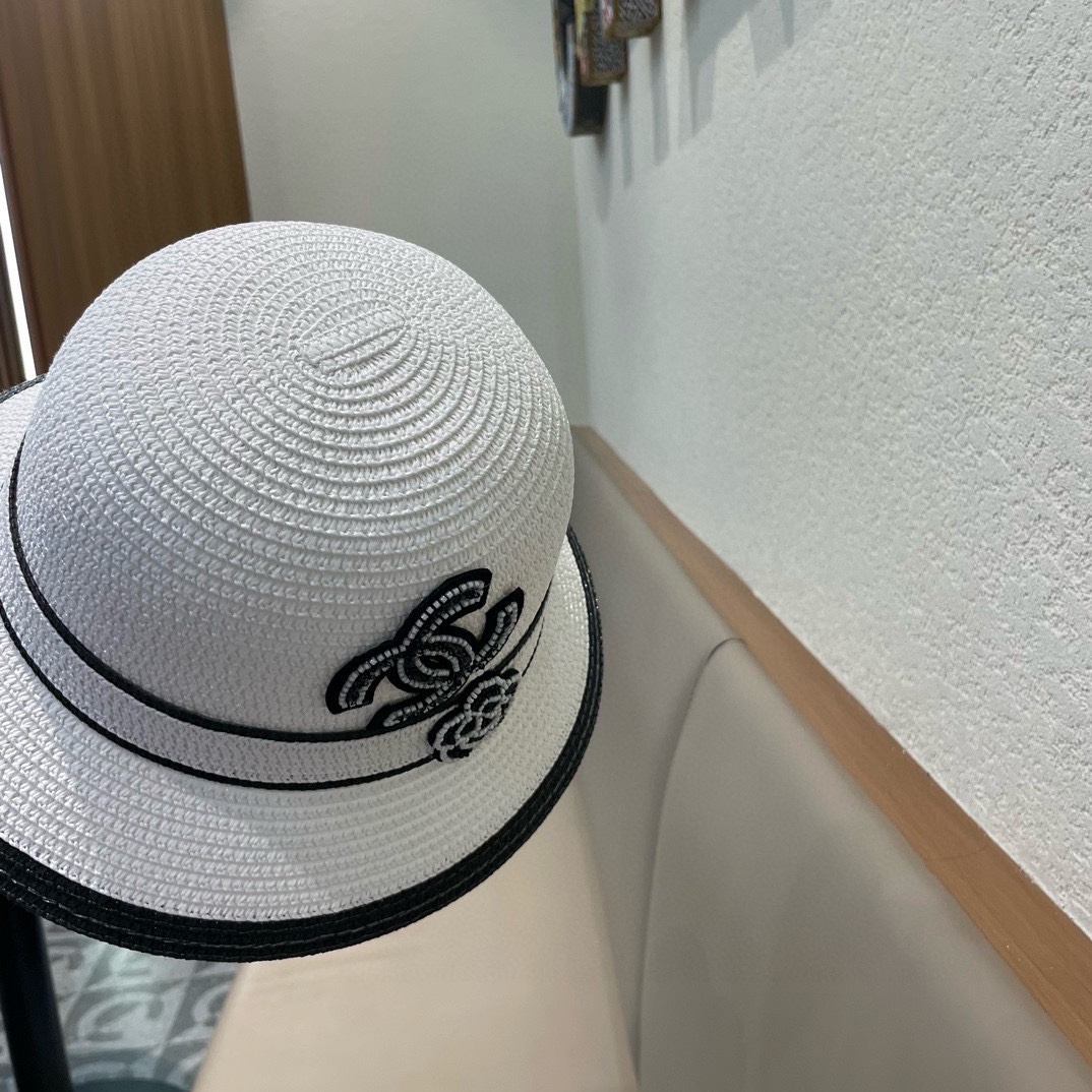 香奈儿Chanel帽子女款2025新款草编山茶花渔夫帽春夏季日系优雅防晒遮阳帽草帽