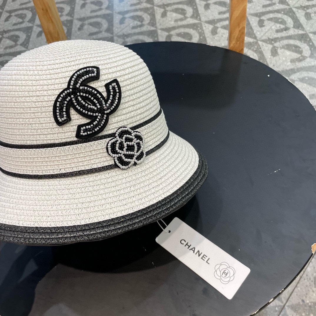 香奈儿Chanel帽子女款2025新款草编山茶花渔夫帽春夏季日系优雅防晒遮阳帽草帽