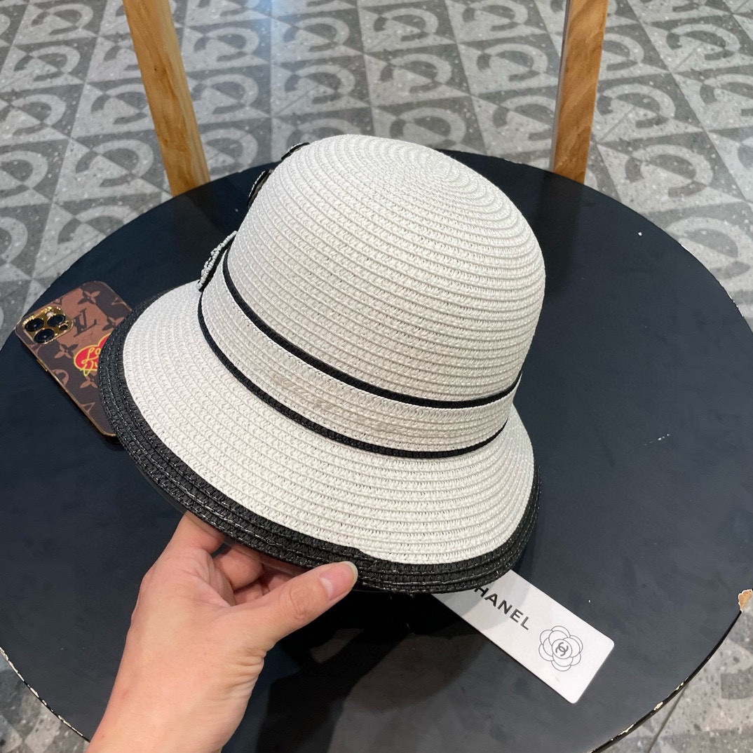 香奈儿Chanel帽子女款2025新款草编山茶花渔夫帽春夏季日系优雅防晒遮阳帽草帽
