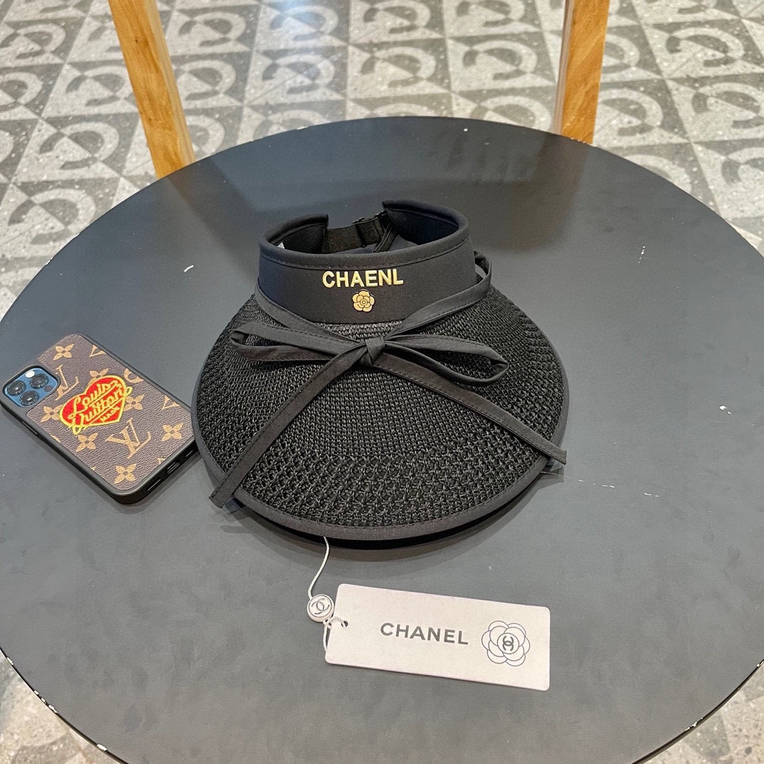  Chanel香奈儿 可爱蝴蝶结可折叠防晒帽空顶帽子女宽大帽檐遮阳帽显瘦无顶草帽夏