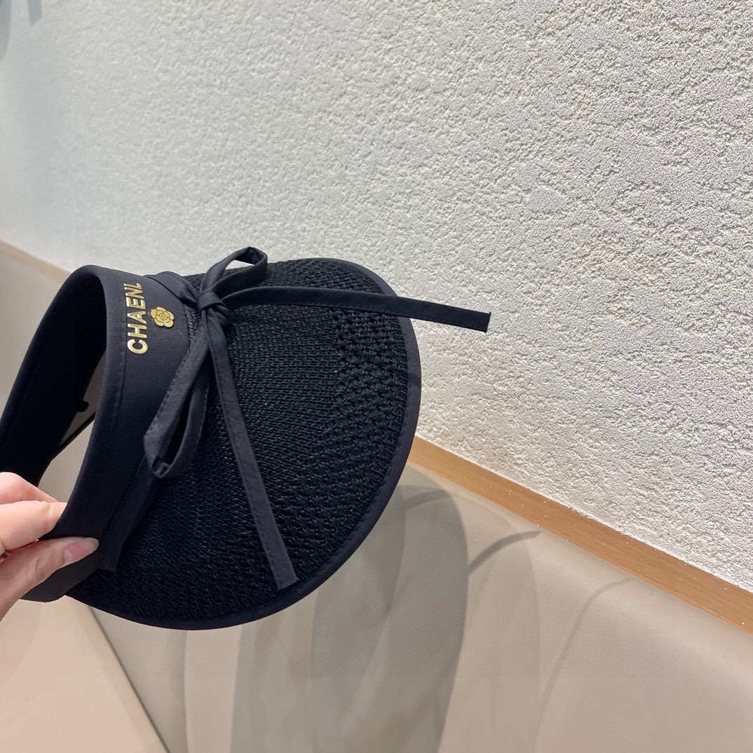  Chanel香奈儿 可爱蝴蝶结可折叠防晒帽空顶帽子女宽大帽檐遮阳帽显瘦无顶草帽夏