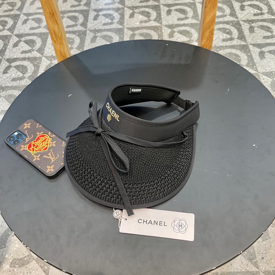  Chanel香奈儿 可爱蝴蝶结可折叠防晒帽空顶帽子女宽大帽檐遮阳帽显瘦无顶草帽夏