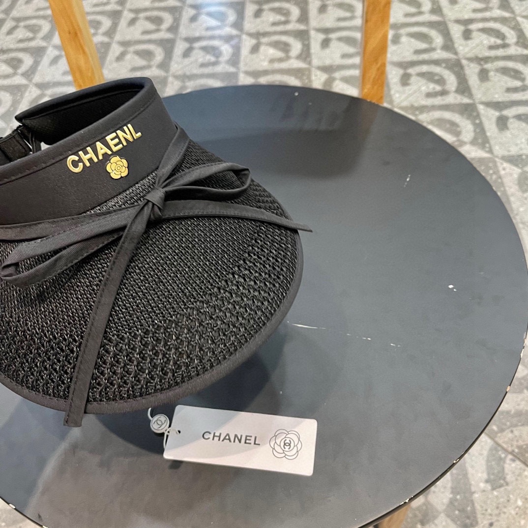  Chanel香奈儿 可爱蝴蝶结可折叠防晒帽空顶帽子女宽大帽檐遮阳帽显瘦无顶草帽夏