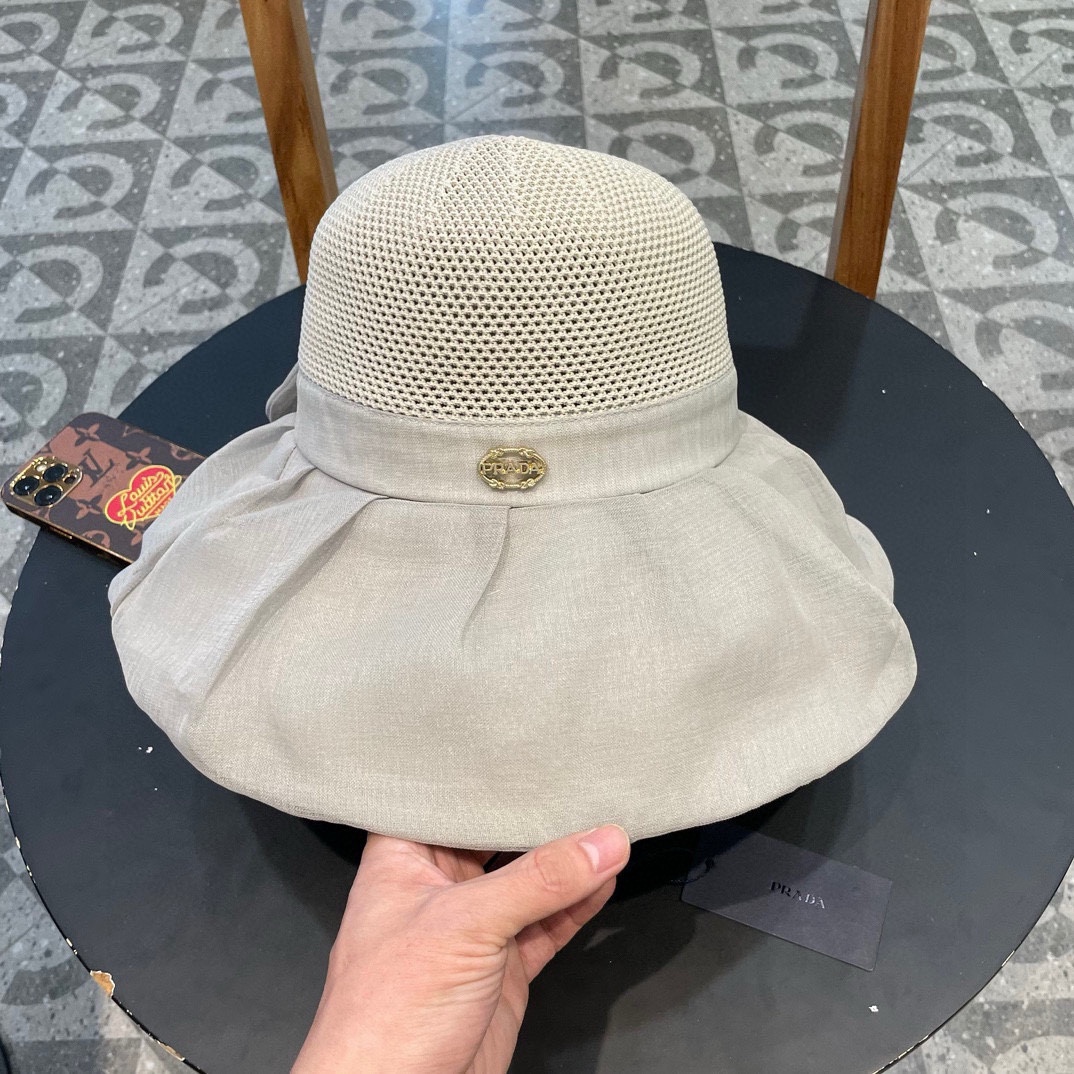  PRADA普拉达 新款大帽檐遮阳帽，渔夫帽，小红书网红爆款 防紫外线大檐遮脸防晒太阳渔夫帽
