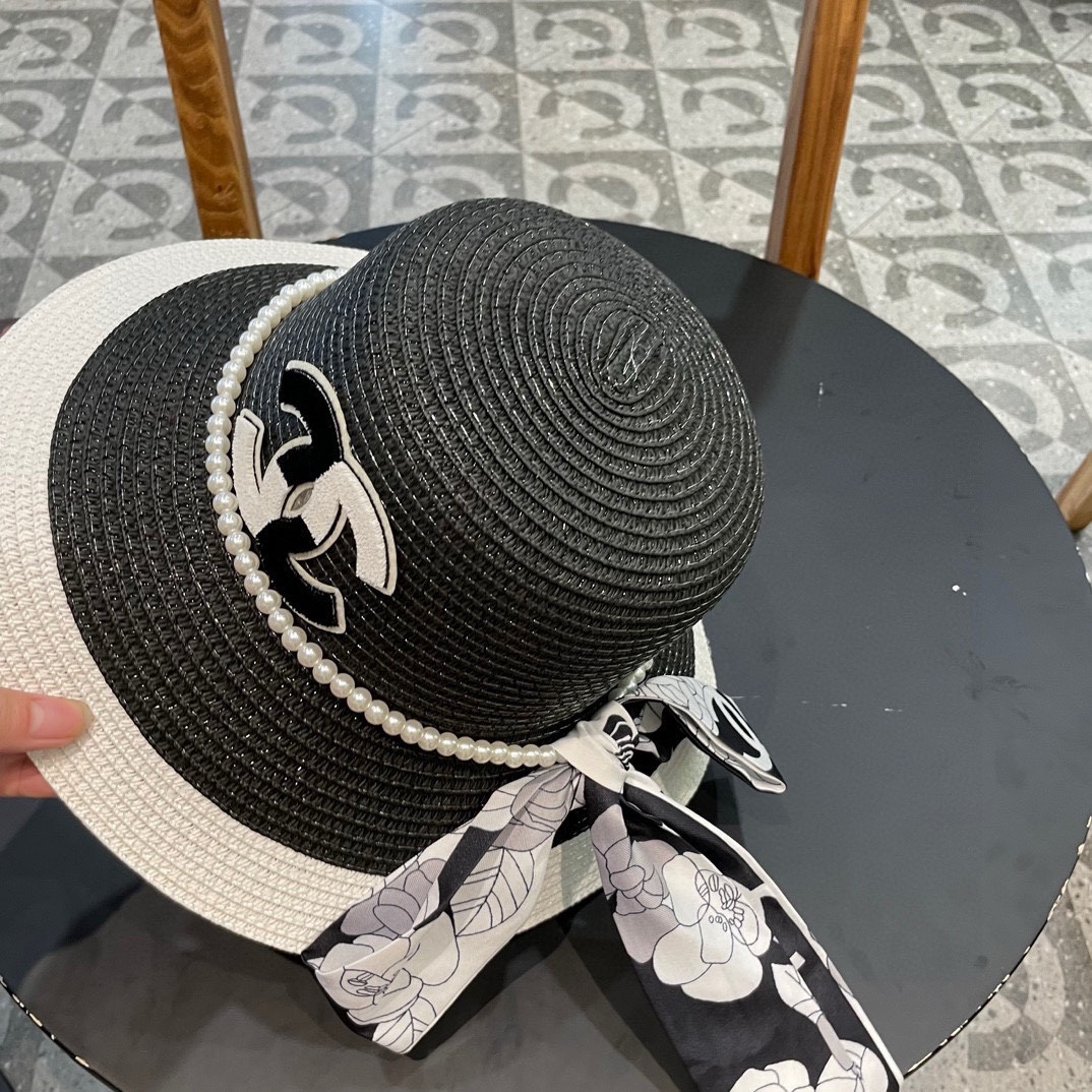香奈儿CHANEL新款草帽山茶花丝带，名媛风，细节待上，夏季防晒防紫外线，出行必备，百搭好看
