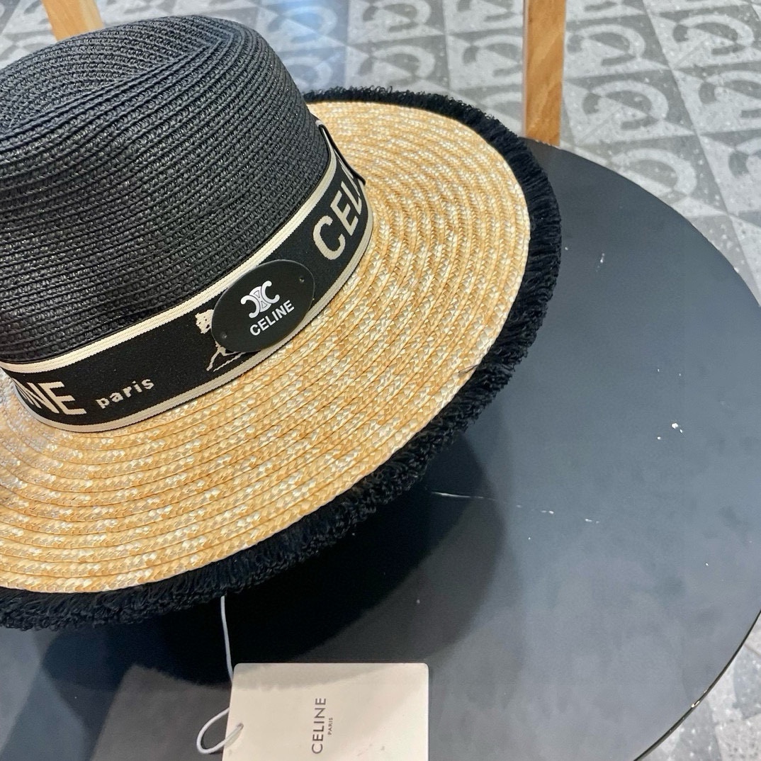 【CELINE赛琳】新款拼接草编遮阳草帽盆帽🤩沙滩风，简约大方，百搭单品～出街首选，新款帽型超美腻，新品