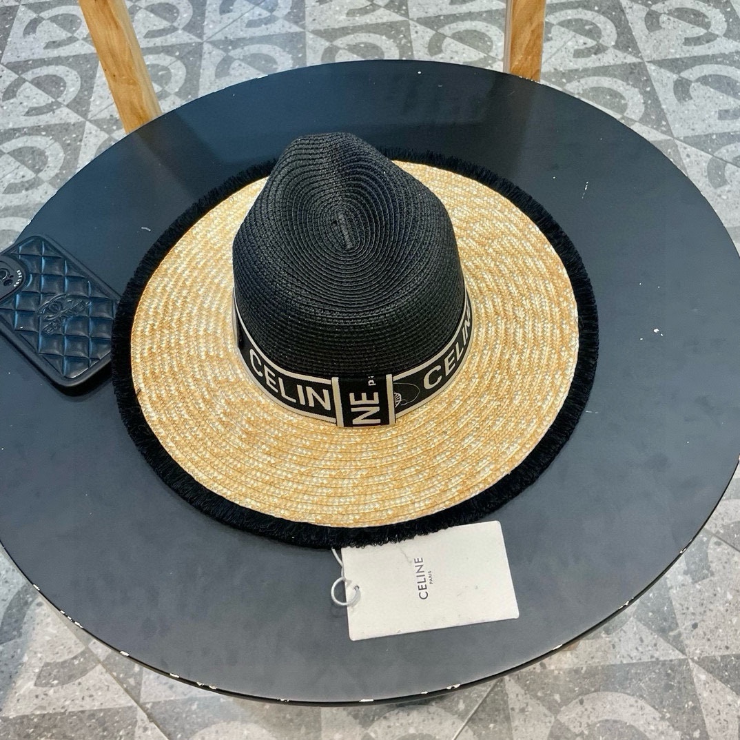【CELINE赛琳】新款拼接草编遮阳草帽盆帽🤩沙滩风，简约大方，百搭单品～出街首选，新款帽型超美腻，新品