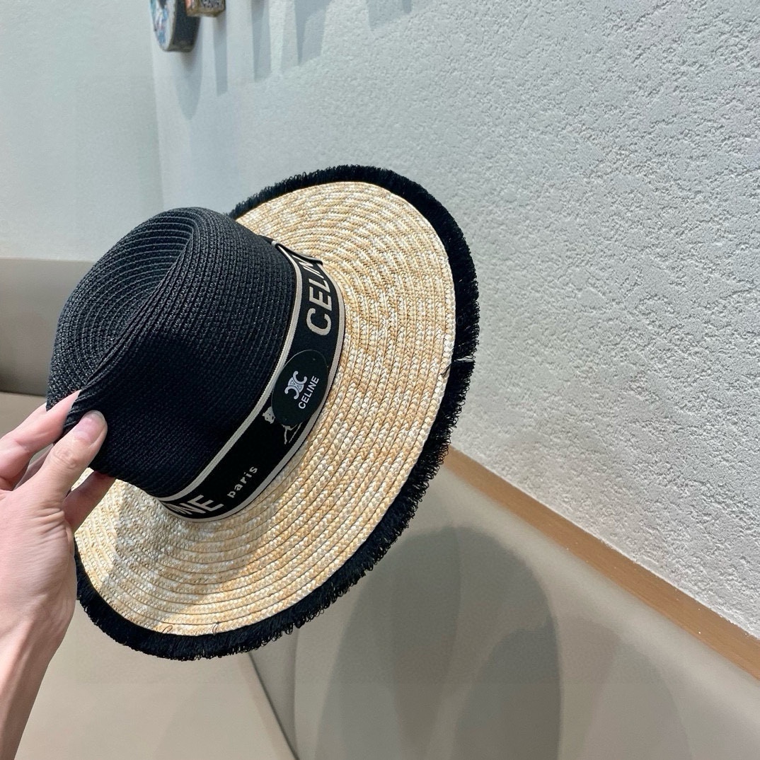 【CELINE赛琳】新款拼接草编遮阳草帽盆帽🤩沙滩风，简约大方，百搭单品～出街首选，新款帽型超美腻，新品