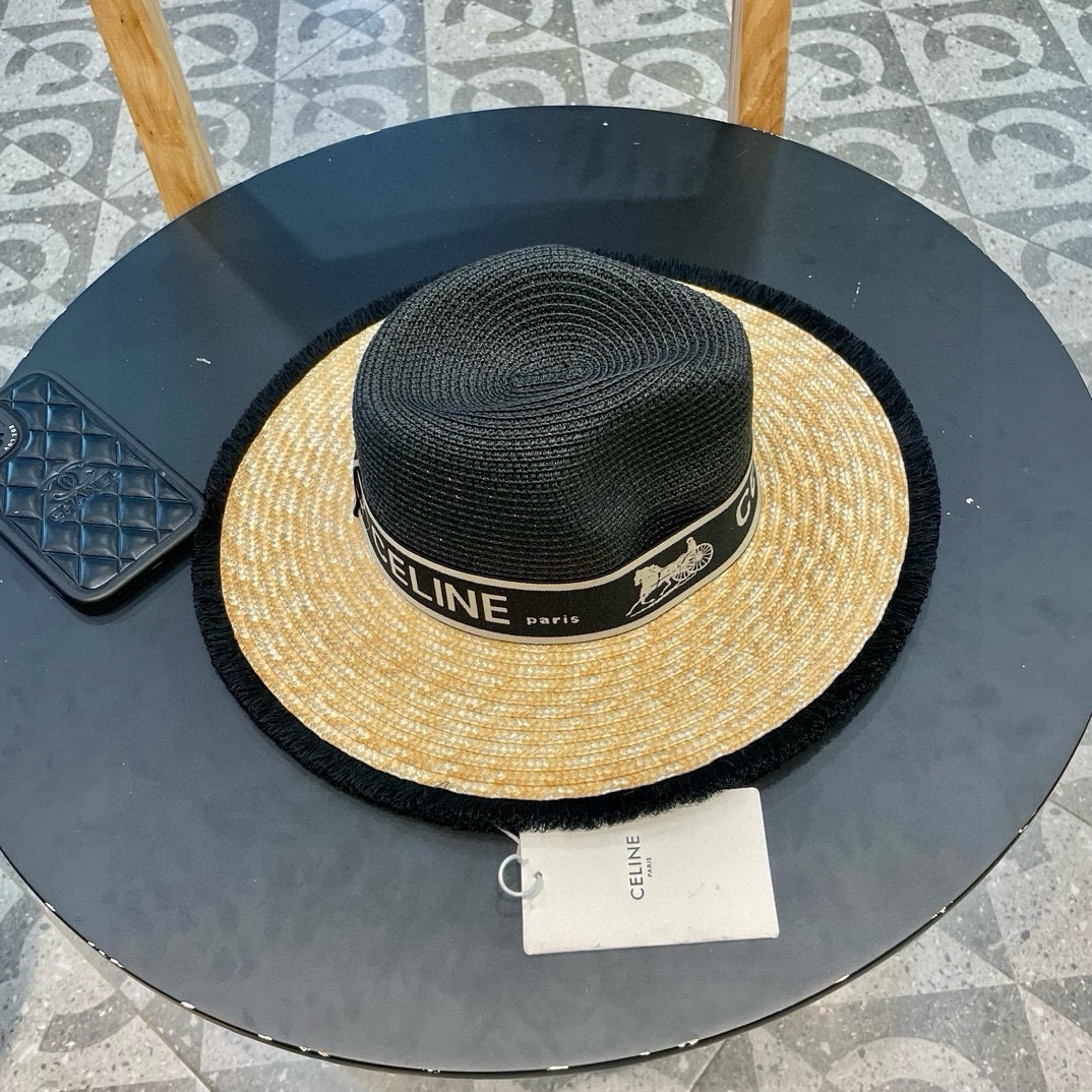 【CELINE赛琳】新款拼接草编遮阳草帽盆帽🤩沙滩风，简约大方，百搭单品～出街首选，新款帽型超美腻，新品