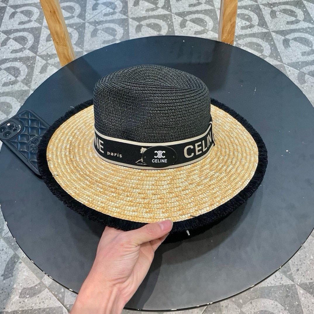 【CELINE赛琳】新款拼接草编遮阳草帽盆帽🤩沙滩风，简约大方，百搭单品～出街首选，新款帽型超美腻，新品